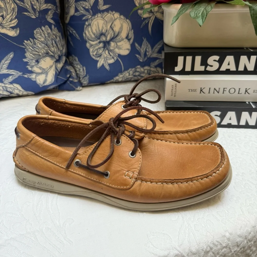 Tommy Bahama Tan and Brown Boat Shoes with Moccasin Construction